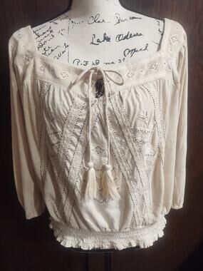Lucky Brand beige Smocked Waist square neck beaded embroidered Boho Top XL NEW